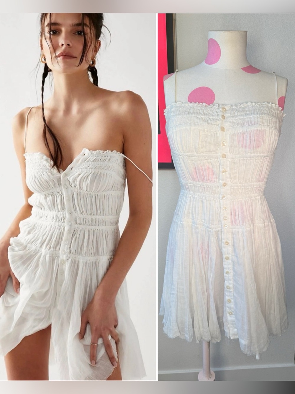 Free People FP One Lausanne Slip White Smocked Buttondown Sleeveless Dress Sz XS